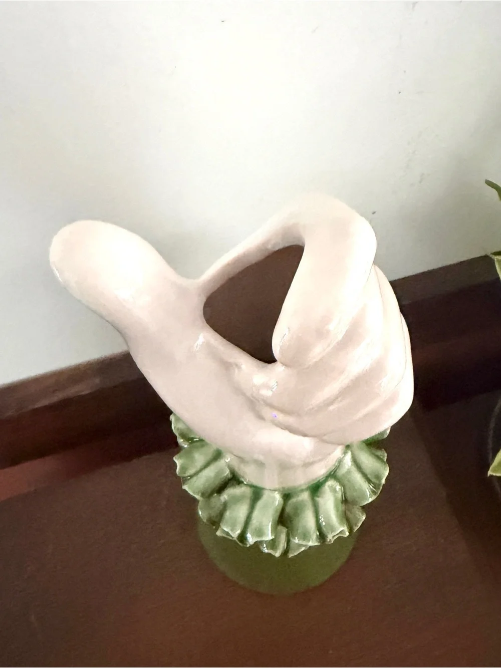 Vintage Green Ruffle Sleeve Ceramic Hand Vase Kitschy Mid Century Decor Coquette